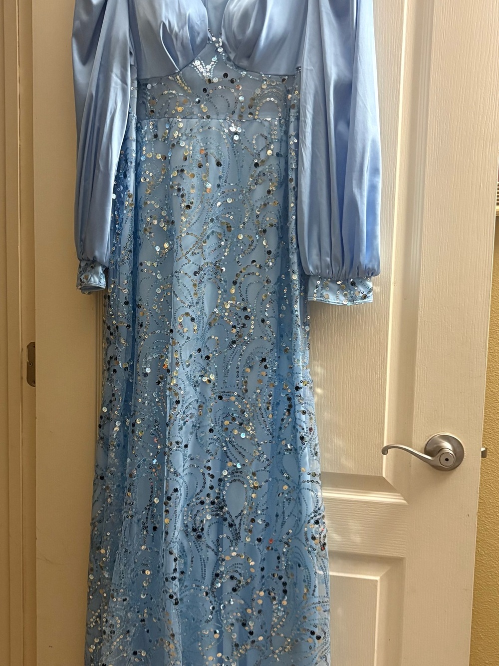 SHEIN Light Blue Sequin Satin Puff Sleeve Formal Dress for Girls